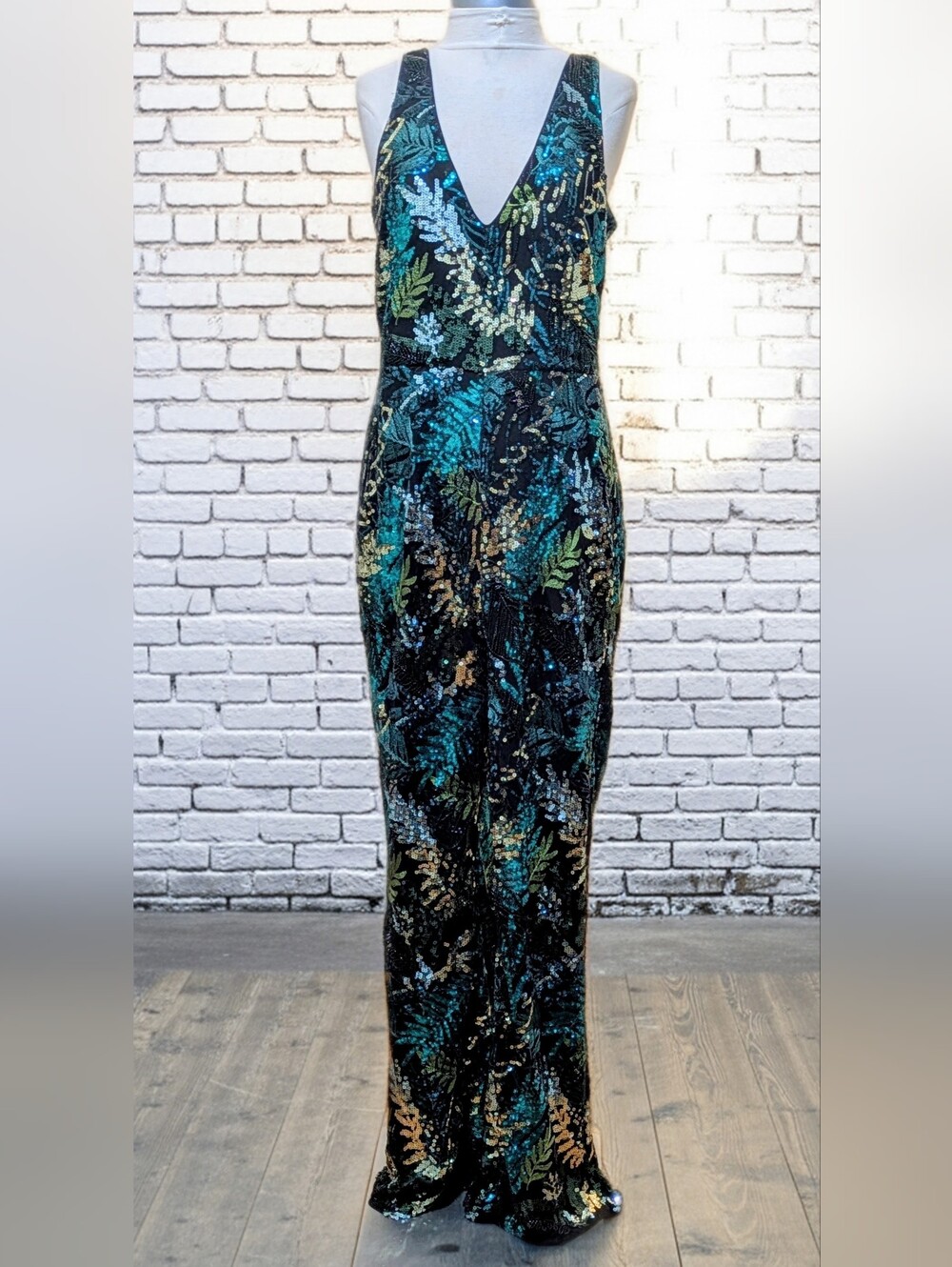 Fashion Nova Teal Green & Gold Sequin Jumpsuit - Size L